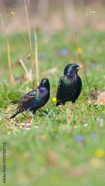 Fototapeta Two starlings in a grassy field