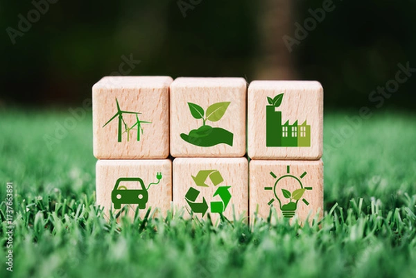 Fototapeta wooden cube block with green net zero icon on blurred green nature background for Reduction of carbon emissions, carbon neutral concept. Net zero greenhouse gas emissions target