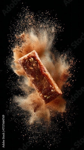 Fototapeta A chocolate bar is shown in a cloud of dust