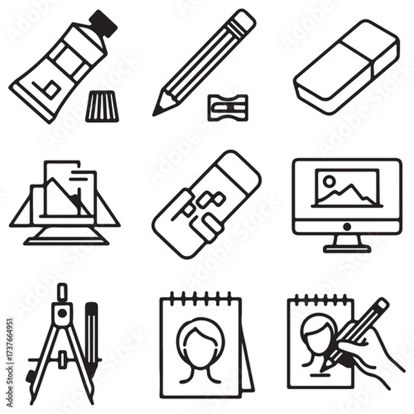 Fototapeta Art and Design Tools, Supplies, and Creative Process Line Icons