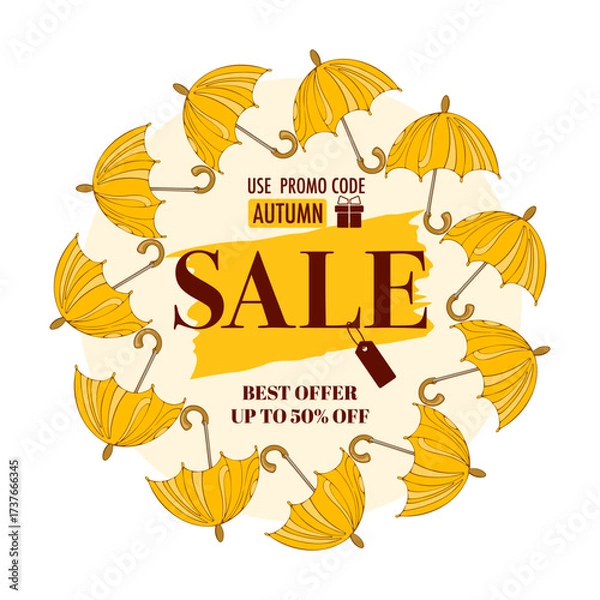 Fototapeta Fall Promotion Banner Template for Seasonal Discounts,Vector Autumn Sale Template with Yellow umbrella Frame