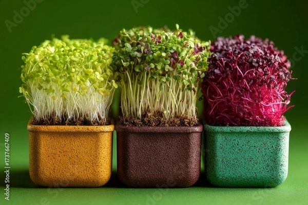 Fototapeta Three small potted plants with different colored pots and green leaves