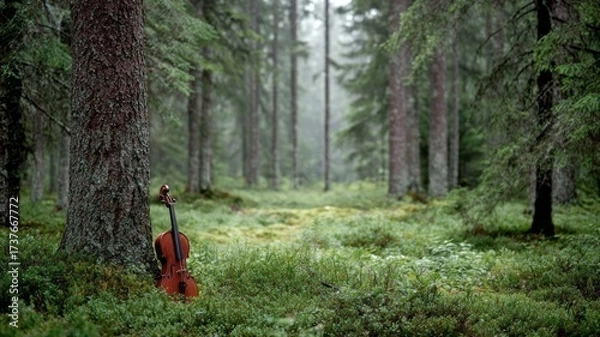 Fototapeta A violin is sitting on a tree trunk in a forest