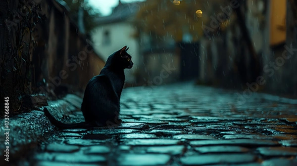 Fototapeta A black cat is sitting on a wet cobblestone street