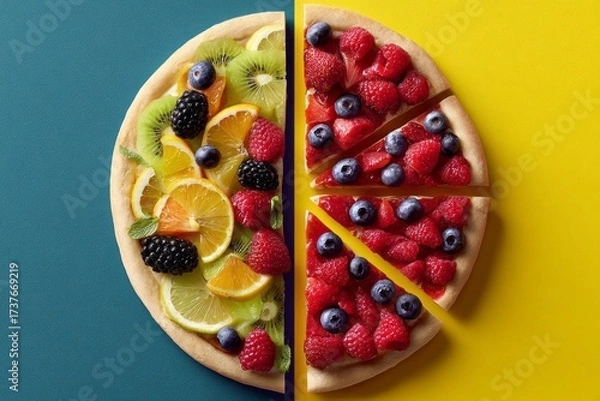 Fototapeta A pizza with two different fruit toppings, one half has strawberries