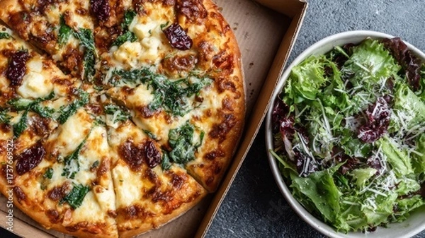 Fototapeta A pizza with spinach and cheese sits in a cardboard box next to a bowl of salad