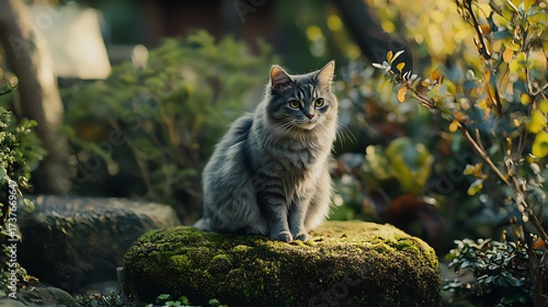 Fototapeta A cat is sitting on a mossy rock in a garden