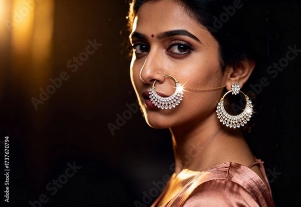 Fototapeta Elegant South Asian Bride with Diamond Nath and Earring in a Moody Portrait