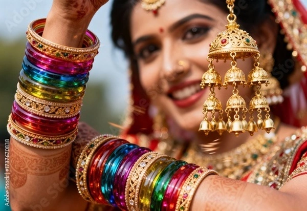 Fototapeta Close-up of a joyful Indian bride showing her colorful bangles and golden kalire jewelry