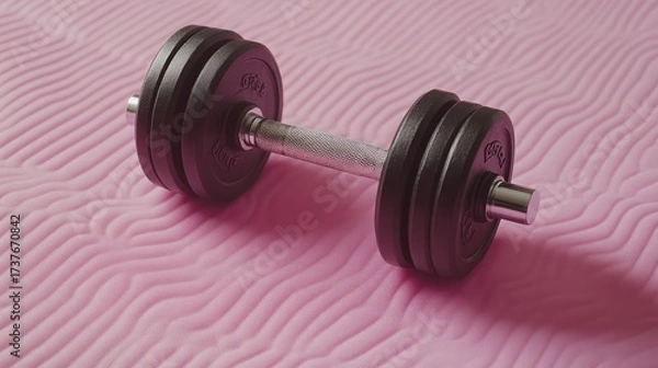 Fototapeta Single dumbbell on minimalist background. Modern fitness concept for home workout and gym design.