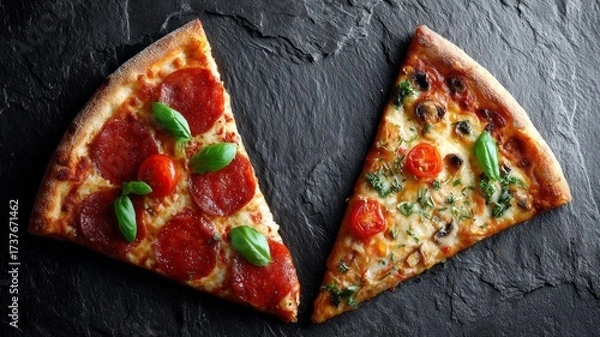 Fototapeta Two slices of pizza with pepperoni and basil on top