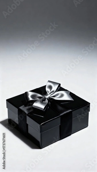 Fototapeta Elegant black gift box adorned with a shiny silver ribbon, placed on a soft gradient background, creating a sophisticated atmosphere perfect for special occasions and celebrations