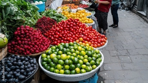 Fototapeta A picturesque scene of a local market showcasing a plethora of vibrant fruits and vegetables, artistically laid out with hints of traditional artisan stalls, while customers engage with vendors,