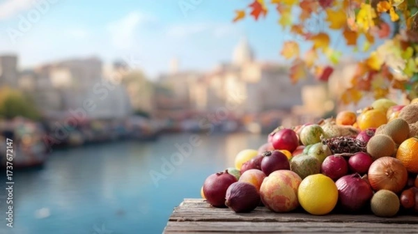 Fototapeta A focused view of a market stall featuring an enticing assortment of seasonal fruits and vegetables, artistically arranged to capture the eye, with a bustling market scene softly blurred in the