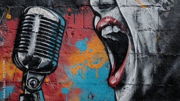 Fototapeta A colorful painting of a microphone with a woman's mouth open