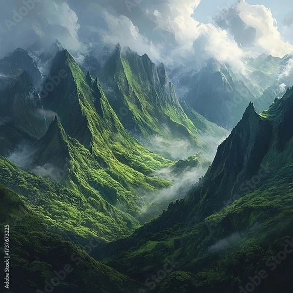 Fototapeta Lush mountain range shrouded in mist