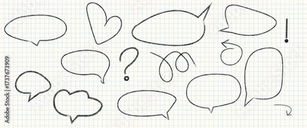 Fototapeta Speech bubble text frame dialog cloud hand drawn set. Doodled crayon dialog box collection. Sketched textured comic talk frames. Round, square or rectangle balloon text box bundle. 