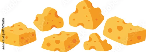 Fototapeta A collection of cartoon-style cheese pieces with holes, isolated on a white background.