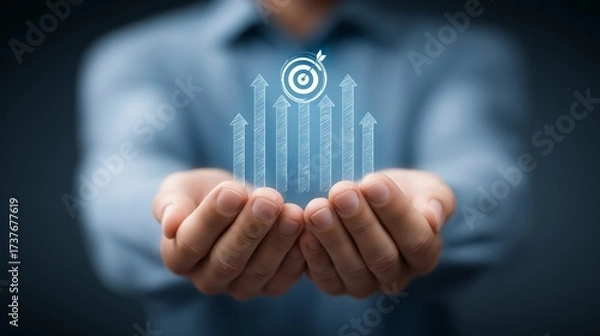 Fototapeta A man is holding a hand up to a blue background with a target