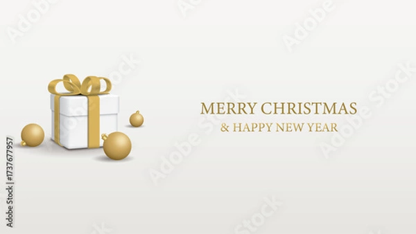 Fototapeta 3D gift box and golden balls with Merry Christmas & Happy New Year calligraphy graphic illustration have blank space.