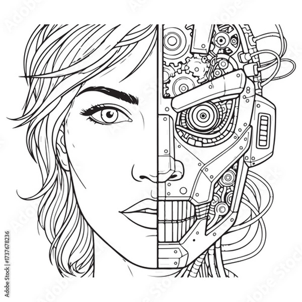 Fototapeta Line Art Illustration of a Split Face, Half Human and Half Robot, Depicting the Fusion of Biology and Technology