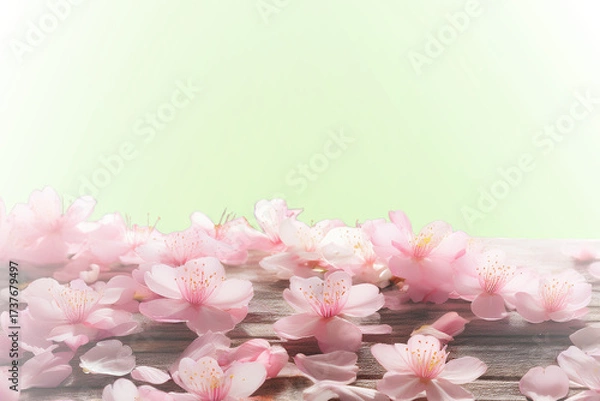 Fototapeta ベンチに落ちた桜の花の淡い背景