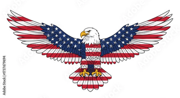 Fototapeta An American eagle spreads its wings across the starry and striped banner.