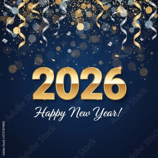 Obraz A festive Happy New Year 2026 greeting card. Gold and silver confetti and streamers fall on a dark blue background, creating a celebratory and elegant design.