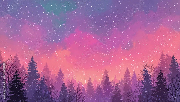 Fototapeta Enchanting twilight sky with shimmering stars over a dark pine forest silhouette