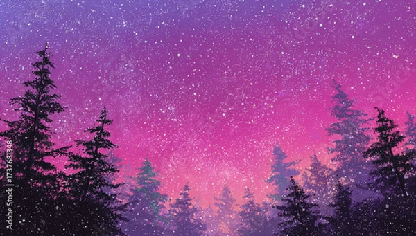 Fototapeta Enchanting twilight sky with countless stars over a silhouette of pine trees