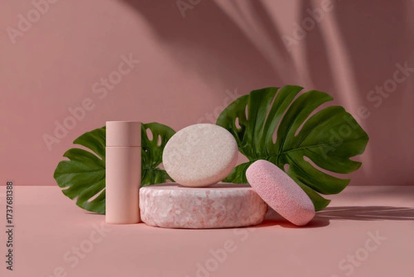 Fototapeta Minimalist scene with green leaves and cosmetic product display on pink background