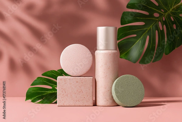 Fototapeta Natural skincare products and tropical leaves arranged on a pink background with soft shadows