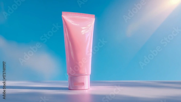 Fototapeta A pink cosmetic tube stands upright against a bright blue sky with soft clouds and sunlight