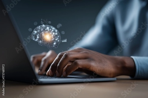 Fototapeta A person is typing on a laptop with a brain image on the screen