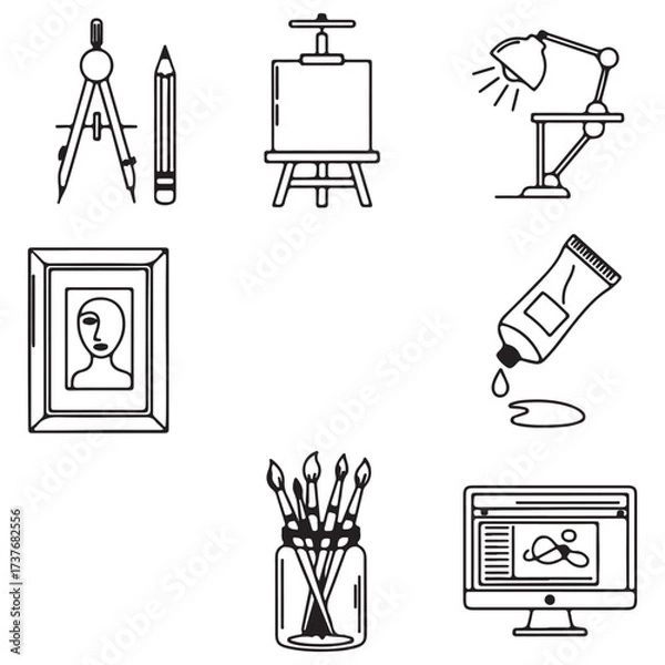 Fototapeta Diverse Collection of Art and Design Icons Showcasing Creative Tools and Artistic Elements