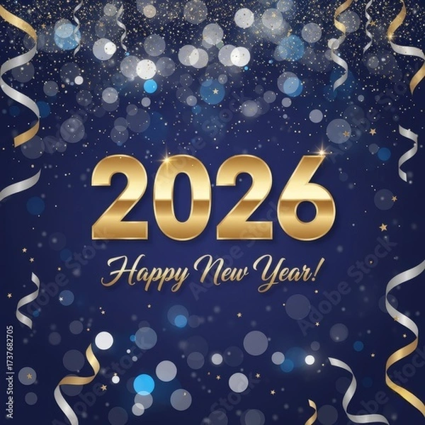 Obraz A festive Happy New Year 2026 greeting card. Gold and silver confetti and streamers fall on a dark blue background, creating a celebratory and elegant design.