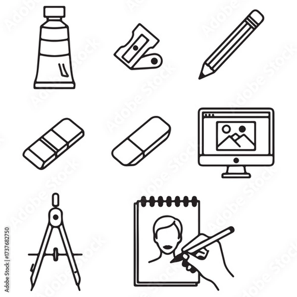 Fototapeta Diverse Art, Drawing, and Digital Design Tools as Outline Icons