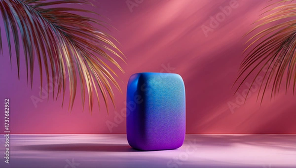 Fototapeta Modern portable wireless speaker with vibrant gradient lighting on a pink background with palm leaves