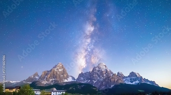 Fototapeta A stunning depiction of towering mountains beneath a vivid star-filled sky, featuring a prominent display of the Milky Way. The natural beauty is strikingly captured, and the overall layout provides