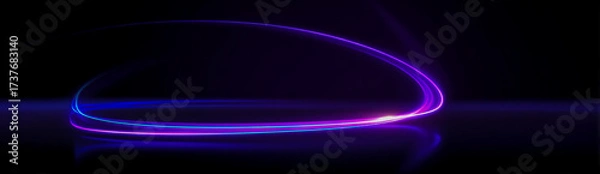 Fototapeta Abstract swirling neon light trails in deep blue and vibrant purple on black background