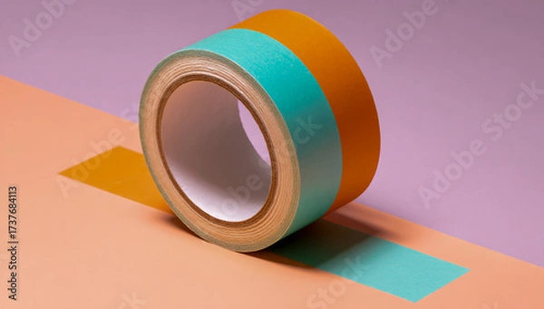 Fototapeta Close up of a roll of colorful decorative tape with turquoise and orange stripes on a pastel background