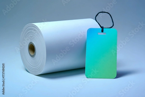 Fototapeta Blank teal and yellow tag attached to a roll of white paper on a blue background