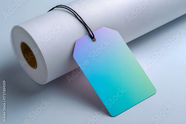 Fototapeta Blank colorful tag hanging from a roll of white paper or fabric on a light background