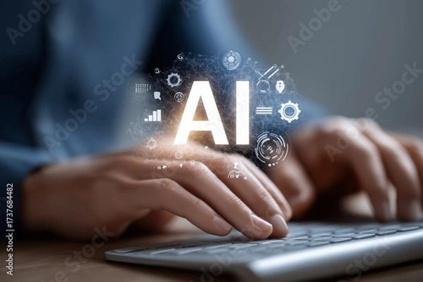Fototapeta A person is typing on a keyboard with the word AI in the center
