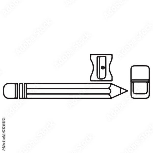 Fototapeta Outline Illustration of Essential Stationery Items: Pencil, Sharpener, and Eraser