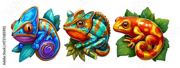 Fototapeta Vibrant Cartoon Chameleons on Leaves in Glossy 3D Style Illustration