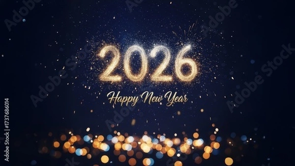 Obraz A festive Happy New Year 2026 greeting card. Gold and silver confetti and streamers fall on a dark blue background, creating a celebratory and elegant design.