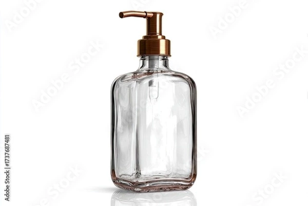 Obraz Clear glass soap dispenser with copper pump, rectangular shape, sitting on white background