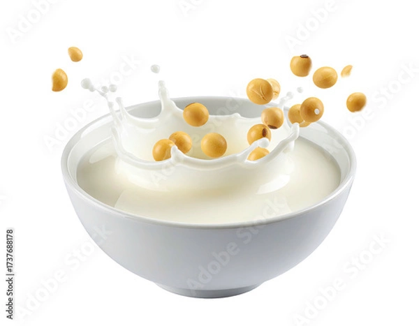 Fototapeta Soybeans plunge into a bowl of milky liquid, creating a splash