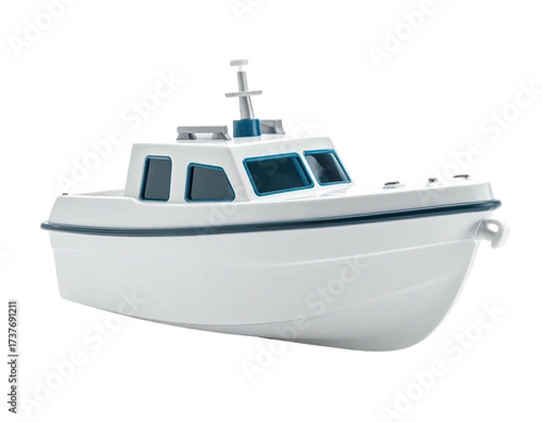 Fototapeta A white motorboat, side view, with a blue trim and windows on a transparent background